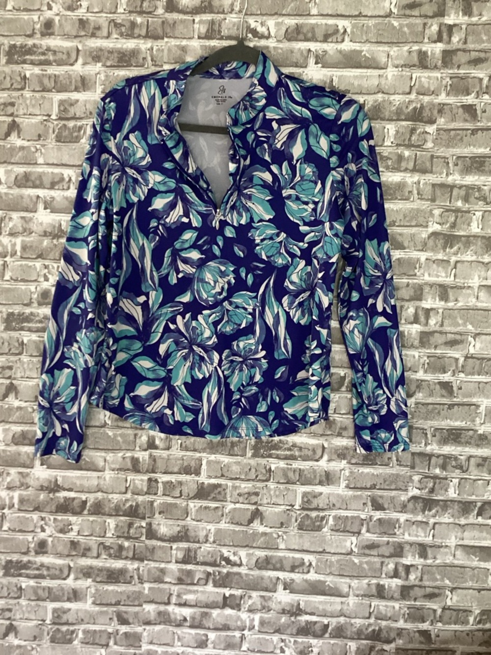 Emerald 18  Navy & Teal Floral Quarter Zip Pullover Long Sleeve Shirt, S, Golf